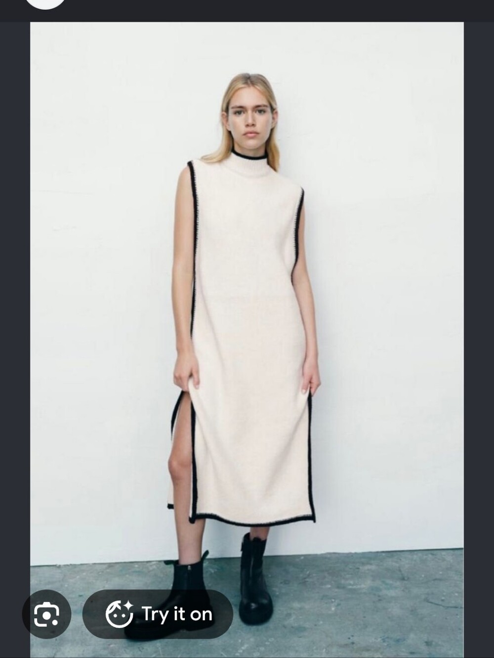 Zara Cream Midi Knit Dress with Black Side Trim size M-L